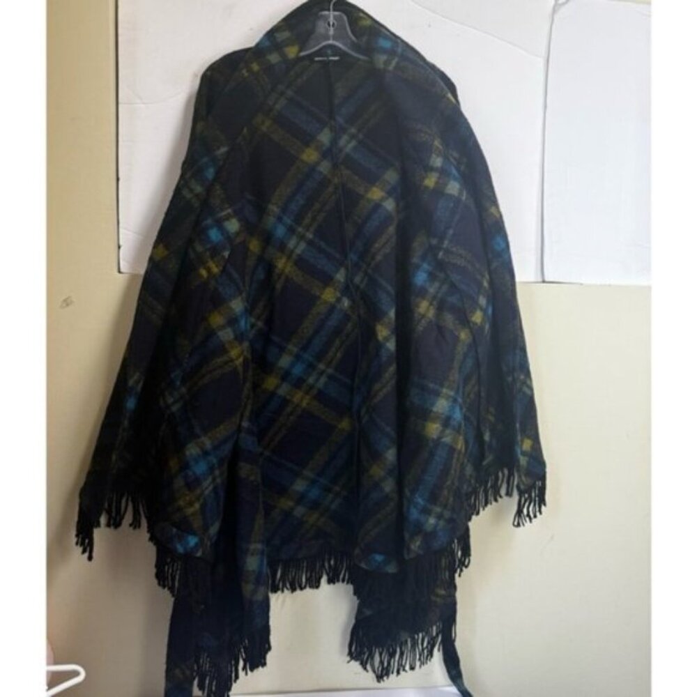 Samuel Dong Wool Check Fringe Wrap Coat Shawl Pockets Tartan Poncho Oversized L - Picture 5 of 16